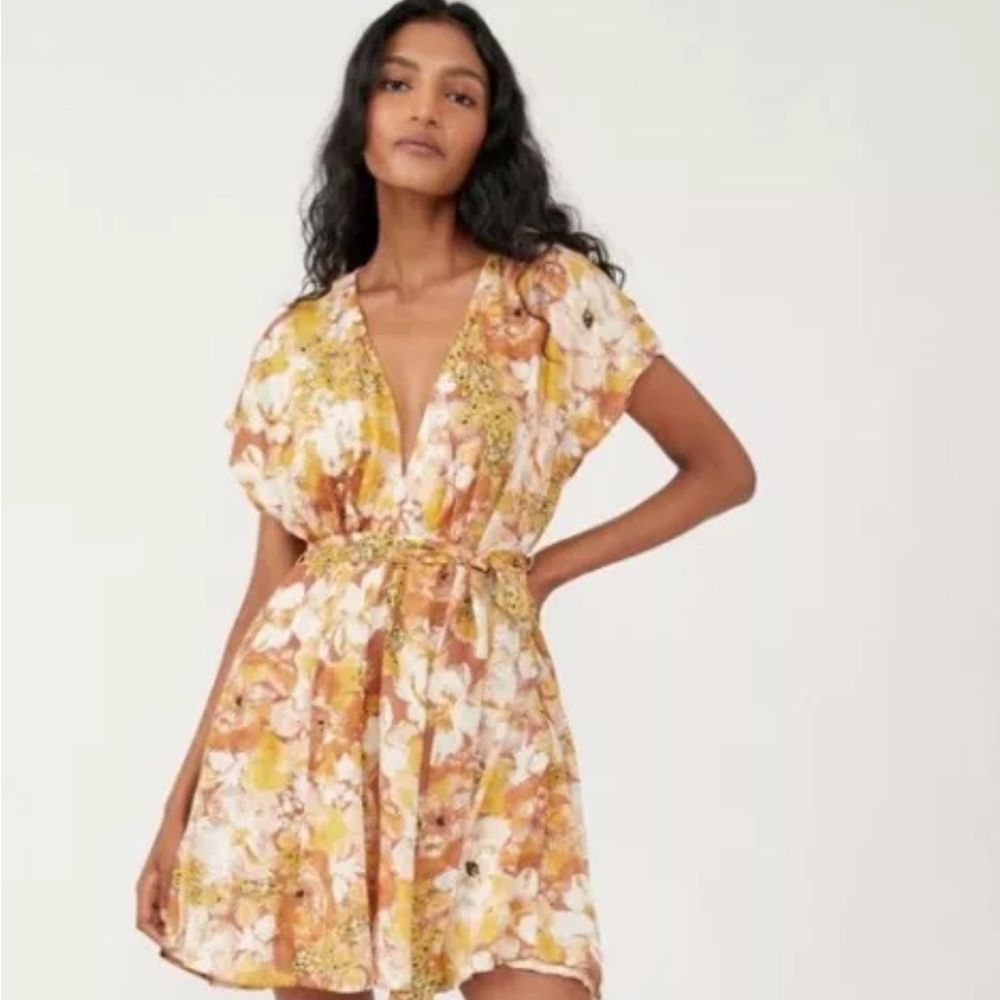 Free People Yellow Boho Floral Tie Waist Freddy Tie Mini Dress XS